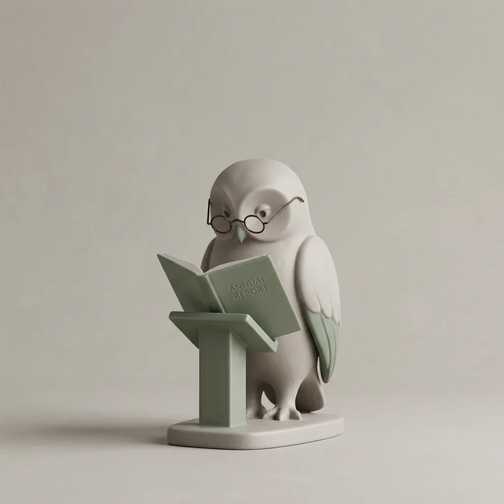 Porcelain owl reading an annual report at a lectern
